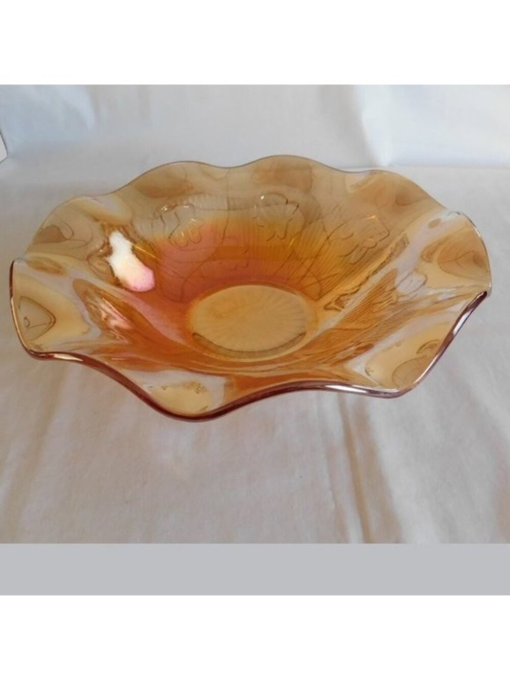 Jeannette Glass Iris Herringbone Ruffled 11.5" Bowl Marigold Carnival Iridescent